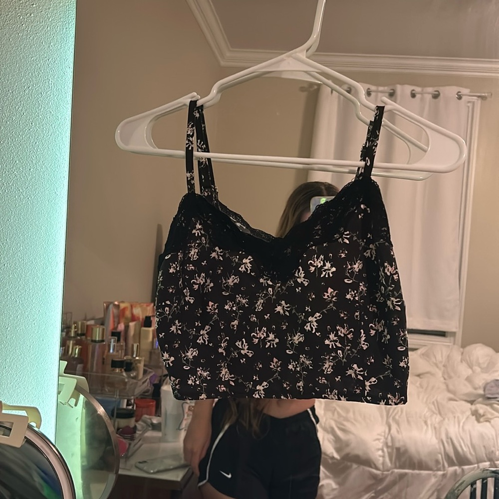 Black with white flower print lace top